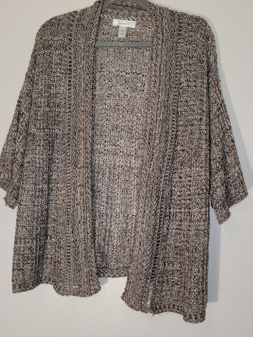 dressbarn Open Knit Short Sleeve Cardigan - Gray Mix